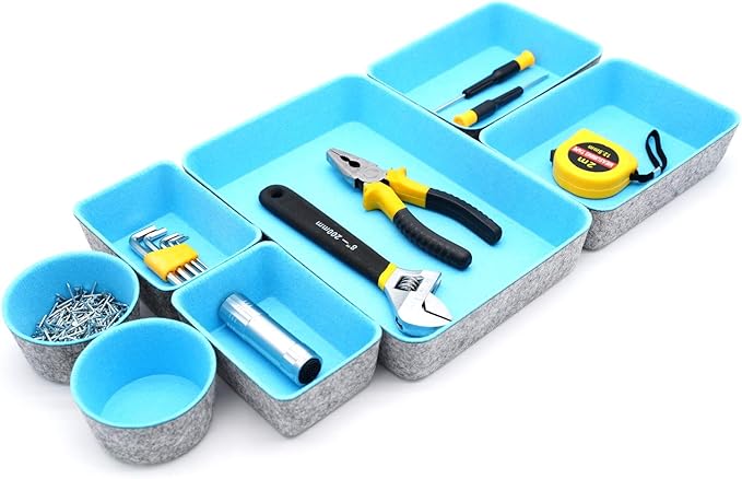 Welaxy Drawer organizers bins felt storage bin office organizer Shallow Small Desk organizer trays Draw dividers 7-piece Gifts Idea (Sky blue)