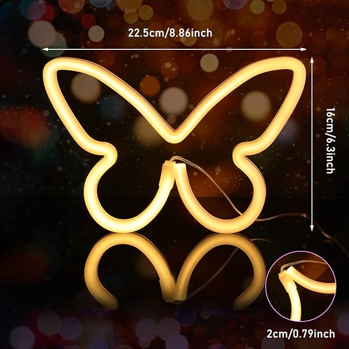 Riakrum 2 Pcs Butterfly Neon Signs LED Light 3AA Battery Powered USB Operated Wall Neon Light Decor Butterfly Wall Art for Christmas Home Bedroom Birthday Party Decor(Pink, Warm White)