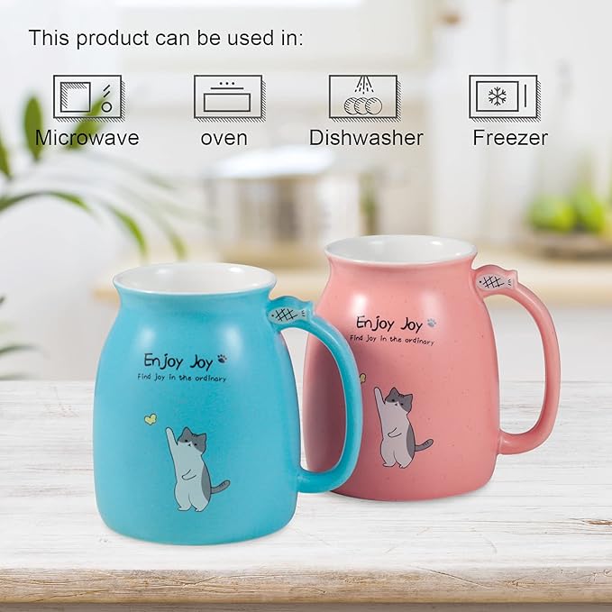 Cute Cat Cup Ceramic Coffee Mug with Kawaii Cat Wooden Lid, Lovely Stainless Steel Spoon, Anime Kitty Thicken Wooden Coaster, Christmas Birthday Cute Thing Japanese Mug 16oz (Blue)