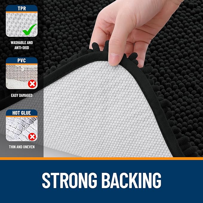 OLANLY Bathroom Rugs 59x24, Extra Soft Absorbent Chenille Bath Rugs, Rubber Backing Quick Dry, Machine Washable Bath Mats for Bathroom Floor, Tub and Shower, Home Decor Accessories, Black