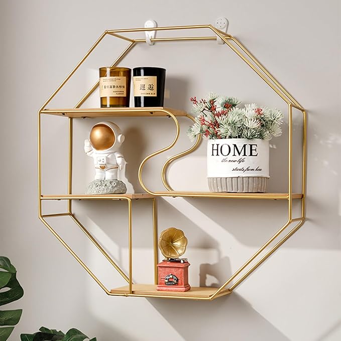 Gold Octagon Wall Mounted Metal Floating 3 Tier Shelf, Geometric Wall Shelves with Wire Frame and Wood Partition, Modern Simple Honeycomb Display Shelves Boho Decor for Bedroom, Living Room, Office