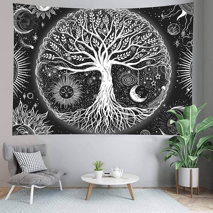 FORATER Tree of Life Tapestry Wall Hanging, Sun and Moon Aesthetic Wall Tapestry Black and White Tapestries Home Decor for Living Room Bedroom(61 x 82 Inch, Black and White)
