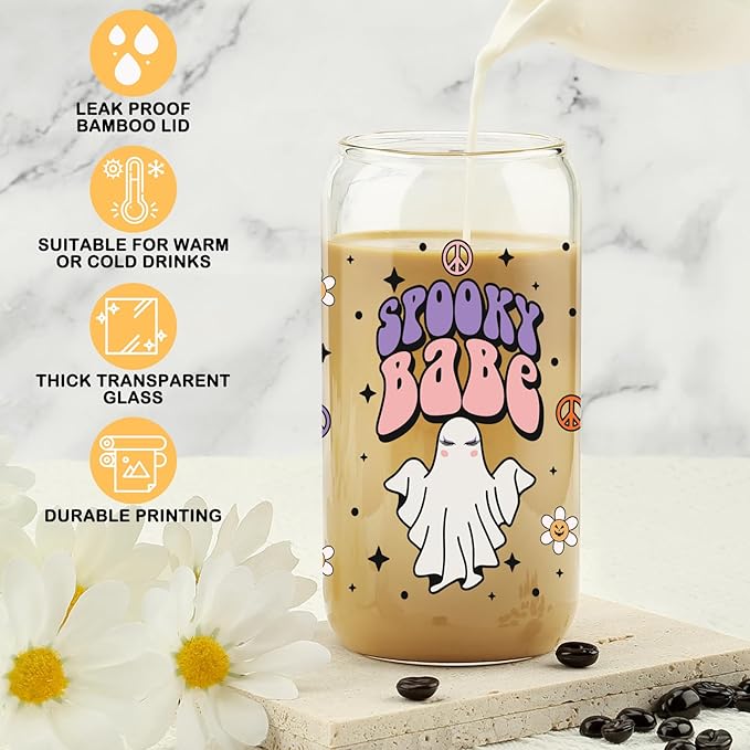 Gift for Her, Halloween Sister Friend Gifts, Spooky Season Gift, Hallowmas Glass Can Cups, Stay Spooky GIced Coffee Mug, Fall Glass Cups, Halloween Gifts, Hallowmas Lover 16 OZ Cup with Lid and Straw
