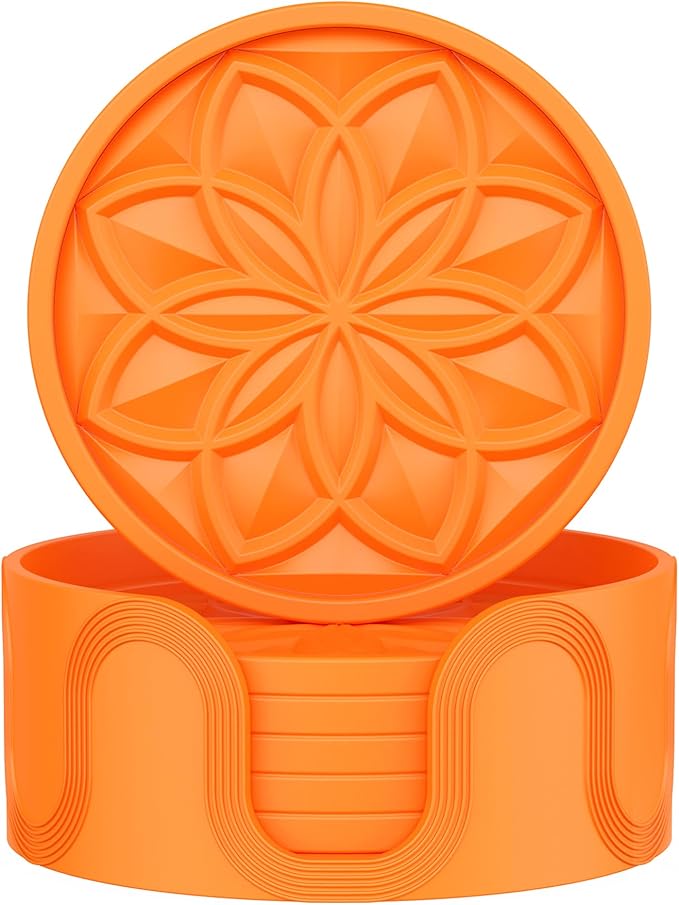 HFHOME Silicone Coasters Set with Holder - 6 Pack Drink Coasters for Coffee Table, Bar Tabletop Protection - Orange