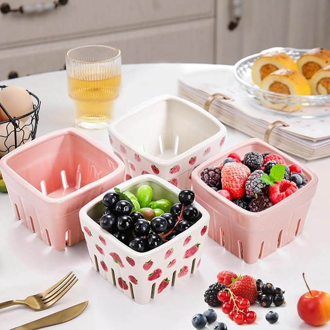 4 Pack Ceramic Berry Basket, Square Fruit Bowls, Kawaii Strawberry Kitchen Bowl Containers, Cute Stoneware Berry Colander Bins for Veggie, Berries, Fruits, Home Decor