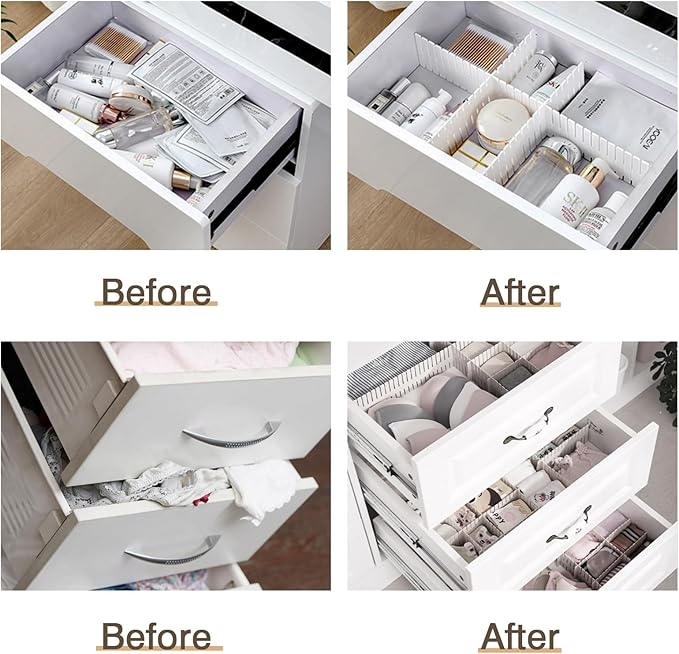 Drawer Divider Adjustable Diy Storage Organizer Separator for Tidying Clutter Cutlery Underwear Socks Clothes Dresses Desk & Box in Kitchen Bathroom Bedroom Office (Cut at Will) (White 16pcs)