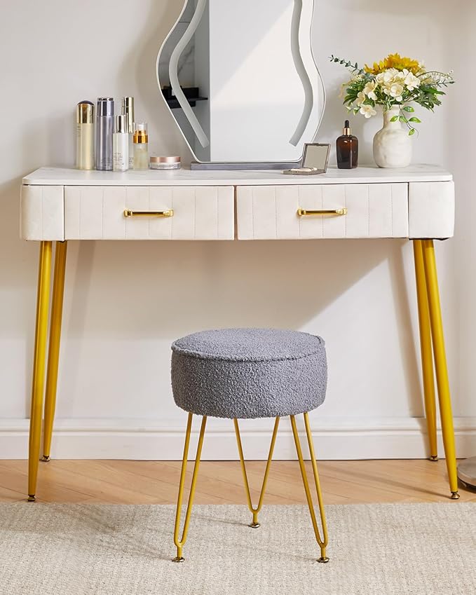 IBUYKE Teddy Velvet Round Footrest Stool Ottoman, Makeup Vanity Stool Side Table, Velvet Dressing Table Seat, Pouf Couch Stool, for Living Room Bedroom, Gray WBD009G