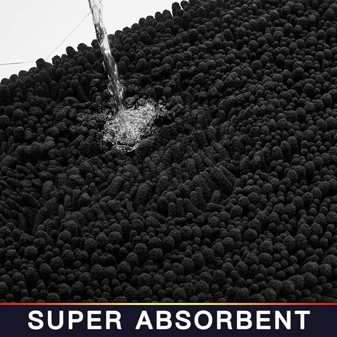 Walensee Bathroom Contour Rug Non Slip Toilet U Shaped Bath Mat (20x24, Black) Water Absorbent Super Soft Shaggy Chenille Machine Washable Dry Extra Thick Perfect Absorbant Best Plush Carpet