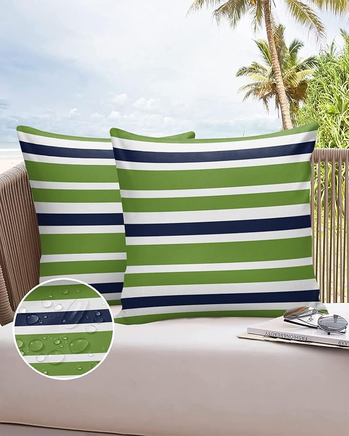 Outdoor Waterproof Throw Pillow Covers Set of 2 Navy Blue Green Stripes Decorative Outdoor Pillows Cushion Case 24x24 Inch Classic Striped Patio Pillows for Couch Sofa Bed Garden Office Home Decor
