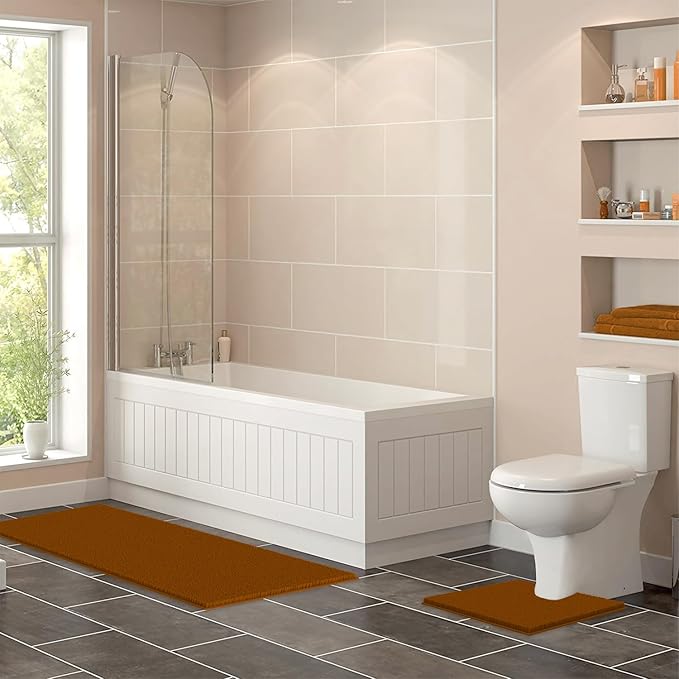 LuxUrux 2-Piece Bathroom Rug Set – Plush Chenille Runner & U-Shaped Toilet Mat, Soft, Absorbent & Non-Slip Design (20x20 U & 27x47 inches, Pumpkin)