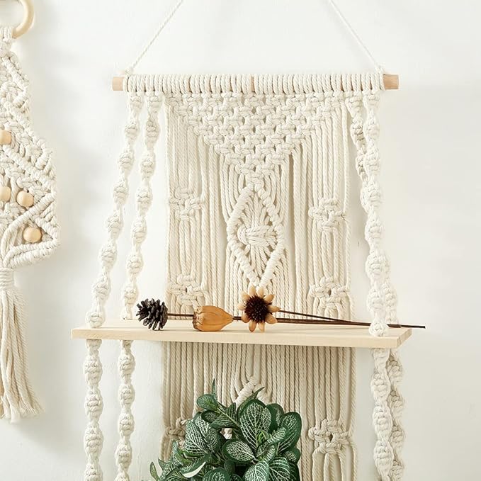 Macrame Wall Hanging Shelf Tassel Woven Macramé Shelves,Boho Wall Hanging Shelves for Small Plants Photo Frames,Home Living Room Bedroom Balcony Decor (2T)