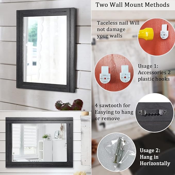 AAZZKANG Wood Framed Mirror Rectangular Mirrors for Wall Black Large 20"x16" Decorative for Bedroom Living Room Bathroom Home Entyway Hanging