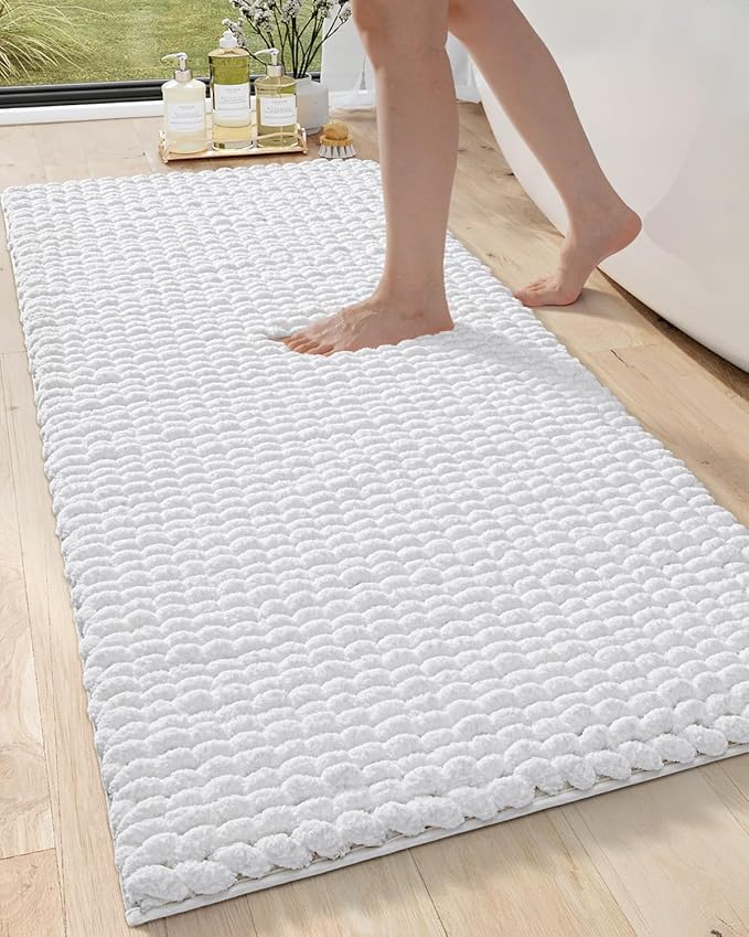 DEXI Bathroom Rugs 24x60, Non Slip Washable Bath Mat, Luxury Chenille Super Absorbent Thick Bathmats for Shower Floor, Plush Fluffy Shaggy Carpet for Tub, White