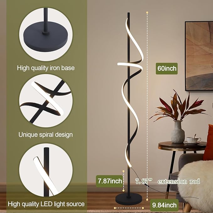 Modern Spiral Floor Lamp with Remote Control, 48W LED Floor Lamps for Living Room, 3 Colors Dimmable Tall Standing Lamp for Living Room, 60'' Modern Floor lamp for Bedroom Black