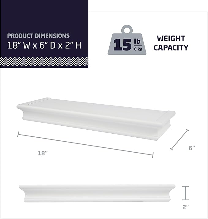 HIGH & MIGHTY 515654 Decorative 18" Floating Shelf Holds up to 15lbs, Easy Tool-Free Dry Wall Installation, Beveled, eCommerce Packaging, White