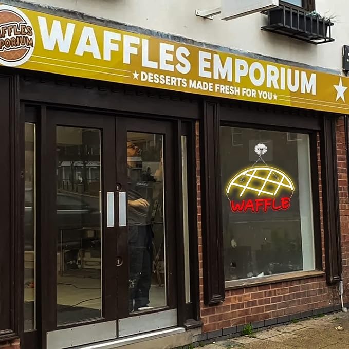 JFLLamp Waffle Neon Signs for Wall Decor Neon Lights for Bedroom Led Business Signs Suitable for Cake Shop Bakery Supermarkets Stores Cookie House 5V Power Adapter, 16.2 * 9 Inch(Warm White + Red)