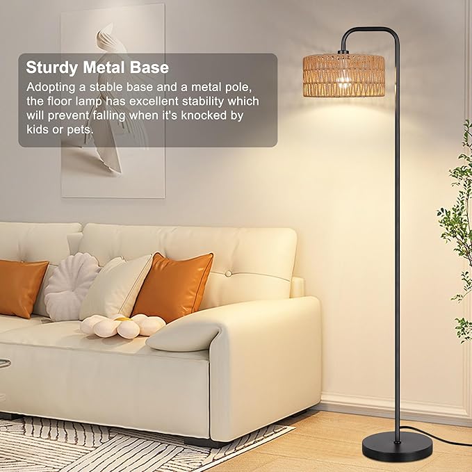 PARTPHONER Farmhouse Floor Lamp, 68''Tall Lamp for Living Room with Remote 3 Color Temperatures Boho Standing Lamp with Rattan Shades for Bedroom Study Room Office Hotel, Bulb Include