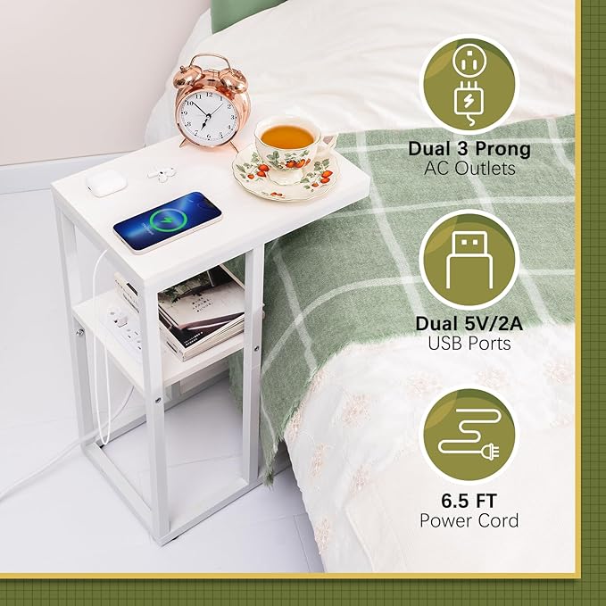 Yoobure LED C Shaped End Table with Charging Station, Small Side Tables for Living Room Bedroom, TV Tray Table with USB Ports and Outlets for Small Spaces, C Table for Couch Sofa, Bed Side Table