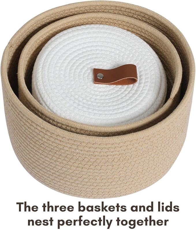 Cottonphant Set of 3 Stylish Round Woven Baskets with Lids - Elegant Storage Solution for Home Decor and Organization - Compact Shelf Baskets (Beige/White Lid, 10"x6"-8"x5"-6"x4")