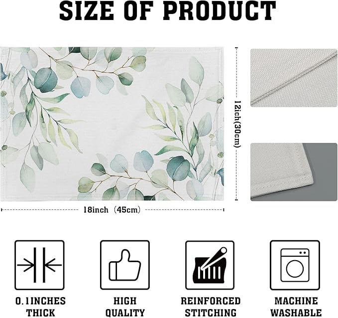 Sage Green Placemats Set of 4 Washable Non-Slip Heat Resistant 12×18 Inch Spring Watercolor Eucalyptus Leaves Thick Place Mats Decorative Linen Fabric Table Mat for Dining Table Kitchen Home Decor