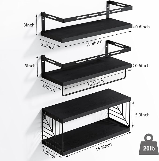 Fixwal 3+1 Tier Wall Mounted Bathroom Shelves Over Toilet, Rustic Wood Floating Shelves with Metal Frame and Towel Bar for Bathroom, Kitchen, Bedroom, Living Room (Black)