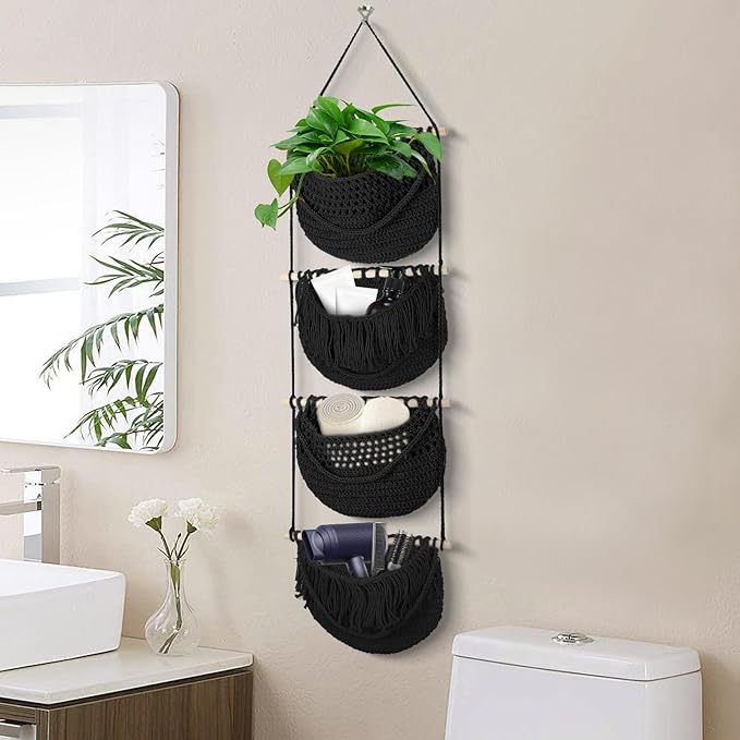 4 Tier Hanging Fruit Basket for Kitchen, 4 Pack Detachable Cotton Crocheted Wall Hanging Baskets Shelf Over Door Organizer for Fruit Veggie Plant, Hanging Storage Basket for Bathroom Bedroom(Black)
