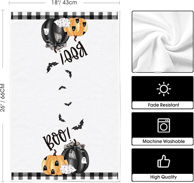 Artoid Mode Black Pumpkins Ghost Boo Happy Halloween Kitchen Towels Dish Towels, 18x26 Inch Trick Or Treat Decoration Hand Towels Set of 4