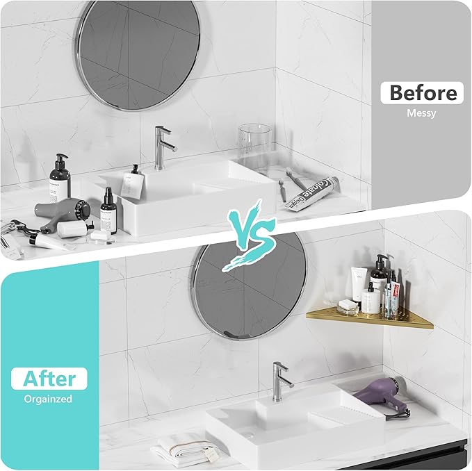 Bathroom Corner Shelf, Recessed 10" Shower Shelf Caddy, SUS304 Stainless Steel Shelf Wall Mount Triangular, No Drilling, Brushed Golden