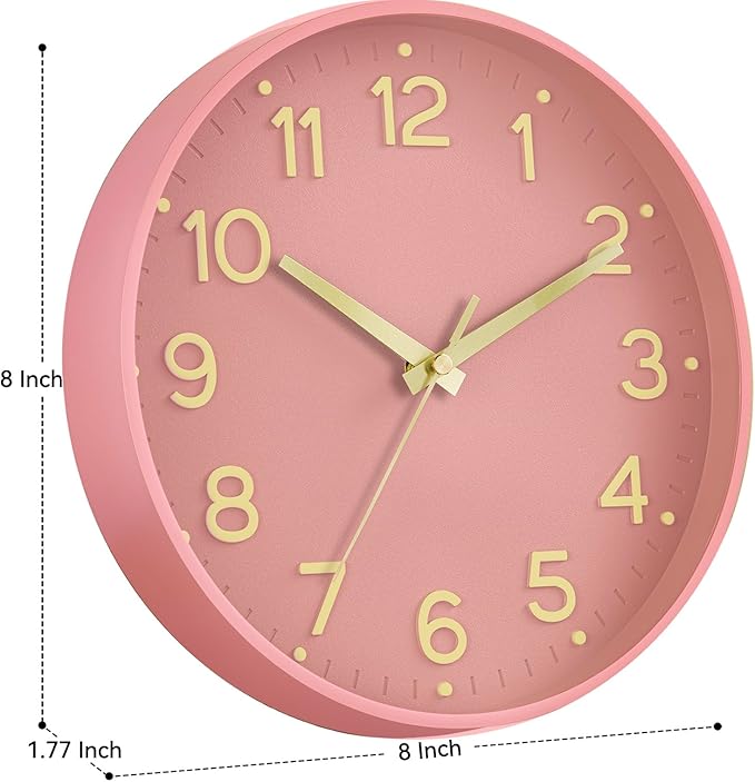 Silent Wall Clocks Battery Operated 8 Inch-Modern Non Ticking Analog Clock Decorative for Kitchen Office Bathroom Bedroom(Pink Gold)