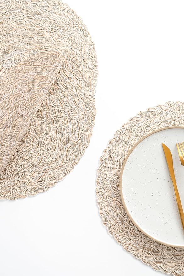Floroom 15 Inch Round Braided Placemats Set of 4, Washable Heat Resistant Cotton Polyester Circle Boho Place Mats for Kitchen Dining Table - Canvas Beige