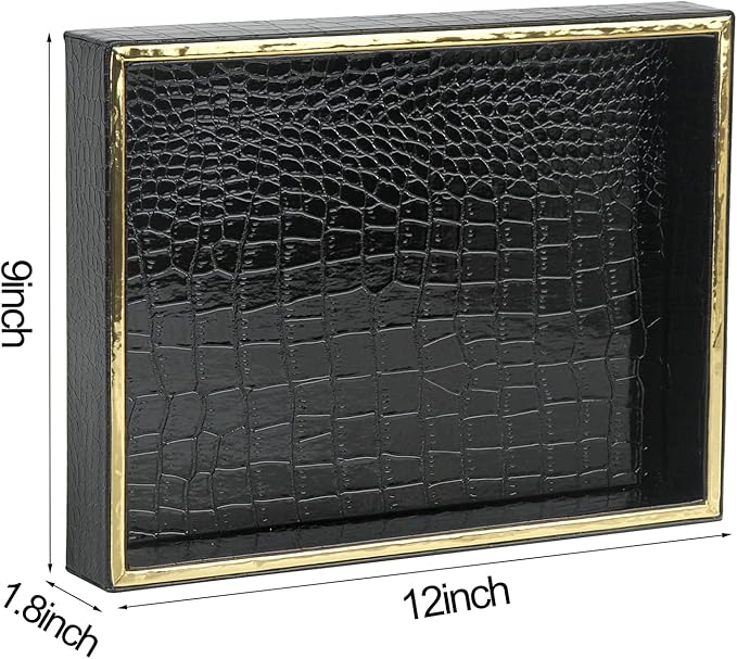 HofferRuffer Faux Leather Vanity Tray, Elegant Desktop Storage Organizer, Decorative Catchall Perfume Tray, Bathroom Valet or Nightstand Dresser Organizer (Black Croco)