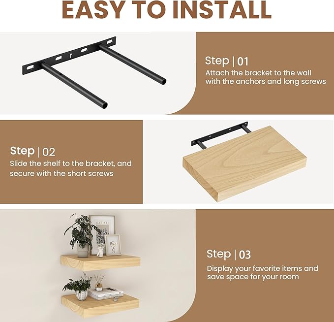 Floating Shelves for Wall, Real Wood Floating Shelf Set of 2, 8 Inch Deep Floating Shelves, Rustic Wood Wall Shelf for Home Decor, Deep Storage Shelves for Bathroom, Kitchen, 16"W x 8"D, Natural Color
