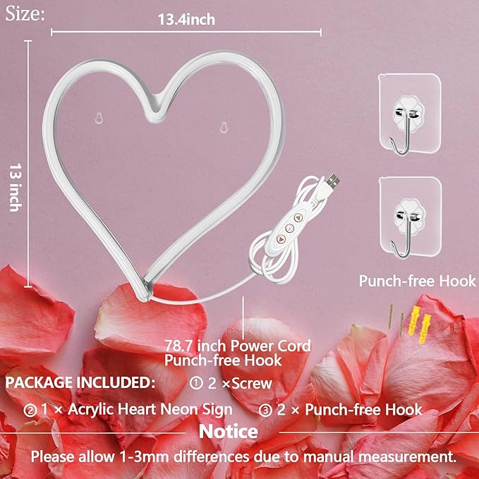 Pink Heart Neon Light, LED Heart Sign 13.413 Inch Dimmable USB Powered Romantic Bedroom Valentine's Kids Room Wedding Party Decor