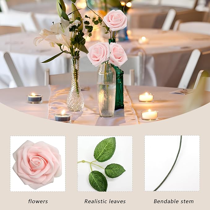 50PCS Artificial Flowers Blush Pink Roses Real Looking Foam Fake Roses with Leaves and for DIY Wedding Bouquets Bridal Shower Centerpieces Party Decorations (Blush Pink)