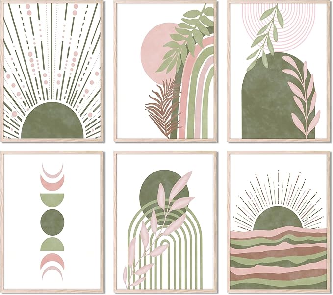 RETRART Sage Green Boho Wall Art, Minimalist Wall Art Wall Decor Geometric Line Leaf Sun Moon Beige Green Canvas Artwork Paintings, Abstract Botanical Sage Gr een Boho Room Decor - 8"x10"