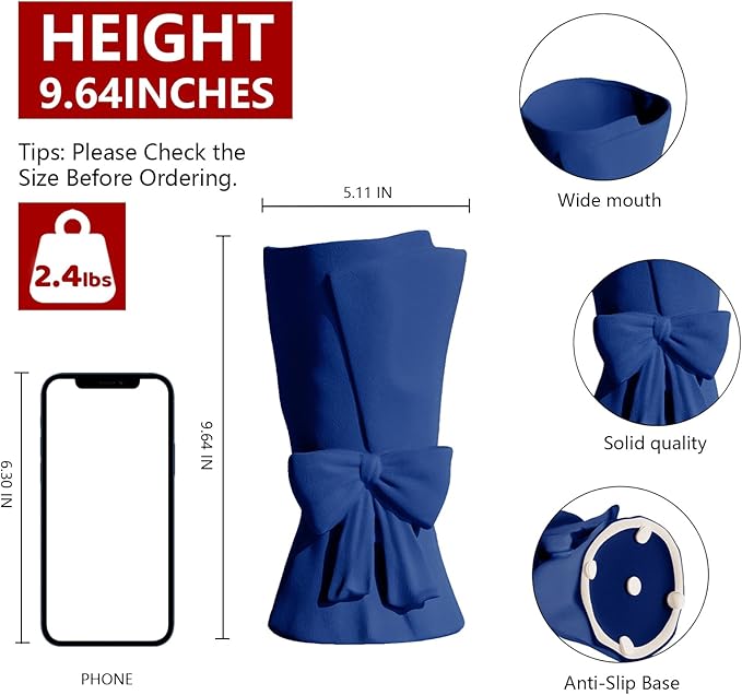 Blue Ceramic Bow Vase 9.64 in Unique Cute Modern Decorative Bouquet Flower Vases for Home Living Room Table Decor Women Girl Gifts