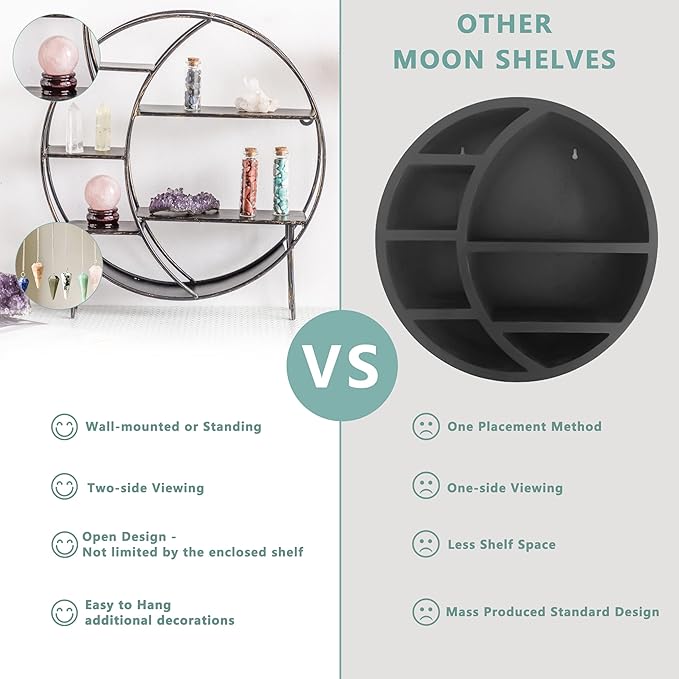 Moon Shelf for Crystals - Circle Shelf Wall Decor for Wall and Countertop - Crystal Shelf Display for Stones, Essential Oil, Pendulum - Boho Hanging Moon Shelves (Retro Black)