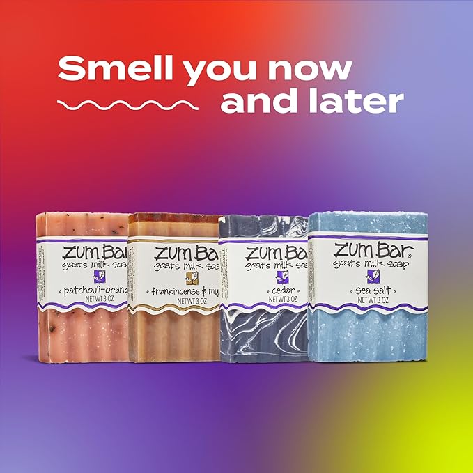Zum Bar Goat's Milk Soap - Earth and Sea Blends - Frankincense and Myrrh, Sea Salt, Patchouli-Orange, Cedar - 3 oz (4 Pack)