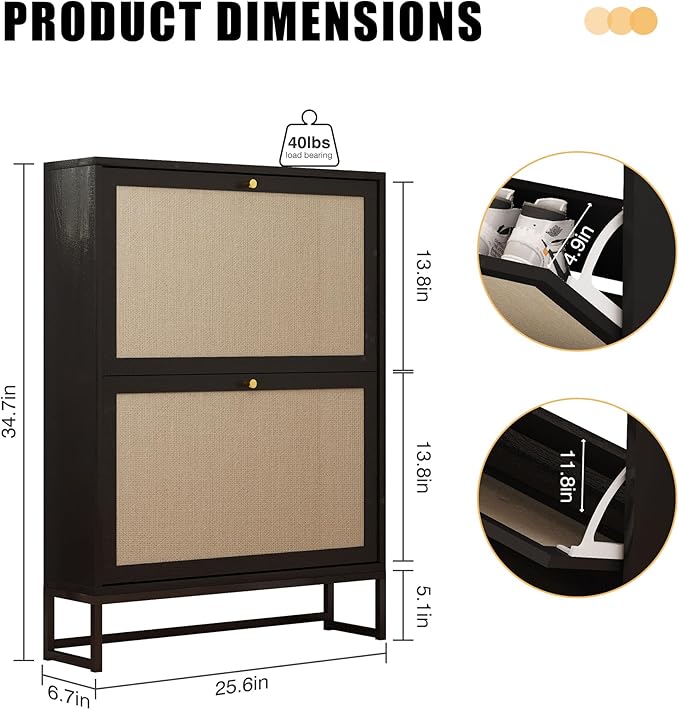 AVZEAR Narrow Shoe Cabinet with 2 Flip Drawer, Freestanding Shoe Organizer Shoe Cabinet Storage for Entryway, Slim Shoe Storage Shoe Rack for Closet with Linen Doors in Hallway, Living Room(Black)