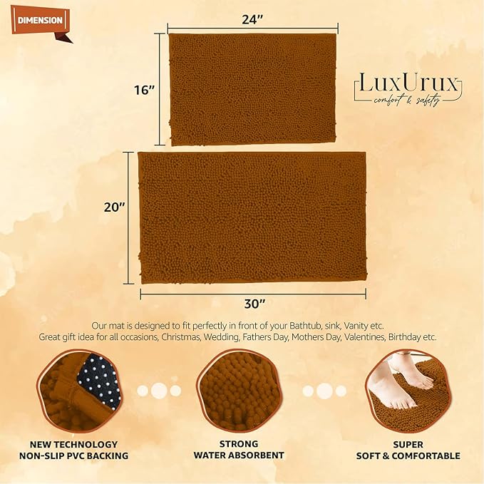 LuxUrux Bathroom Rug Set-Extra-Soft Plush Bath mat Shower Bathroom Rugs,1" Chenille Microfiber Material, Super Absorbent (30" x 20" Plus 23" x 15", Pumpkin)