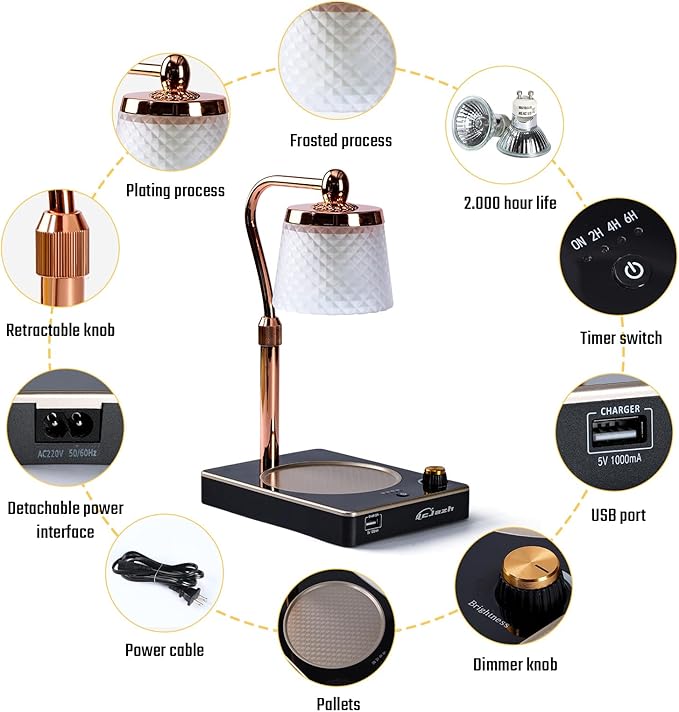 Candle Warmer Lamp with Timer and Dimmer, with USB Port Adjustable Height, Birthday Gifts for Women, Festival Gifts, Modern Home Decor as Gift for New Home