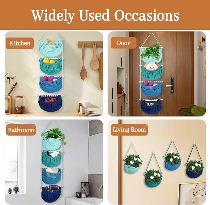 4 Tier Hanging Fruit Basket for Kitchen, 4 Pack Detachable Cotton Crocheted Wall Hanging Basket Over Door Organizer for Fruit Veggie Plant, Hanging Shelves for Bedroom Bathroom (Mixed Color)