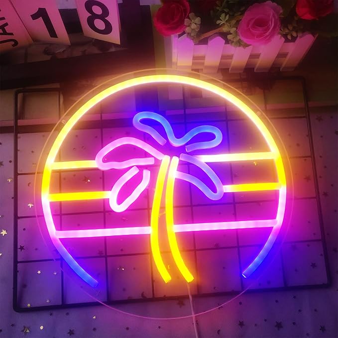 Sunset Neon Sign Dimmable Tropical Coconut Palm Tree Neon Sign 12''x 12'' Aesthetic Plam Tree Retro 80S Sunrise Palm Tree Neon Signs for Wall Decor Bar Birthday Christmas Home Decor