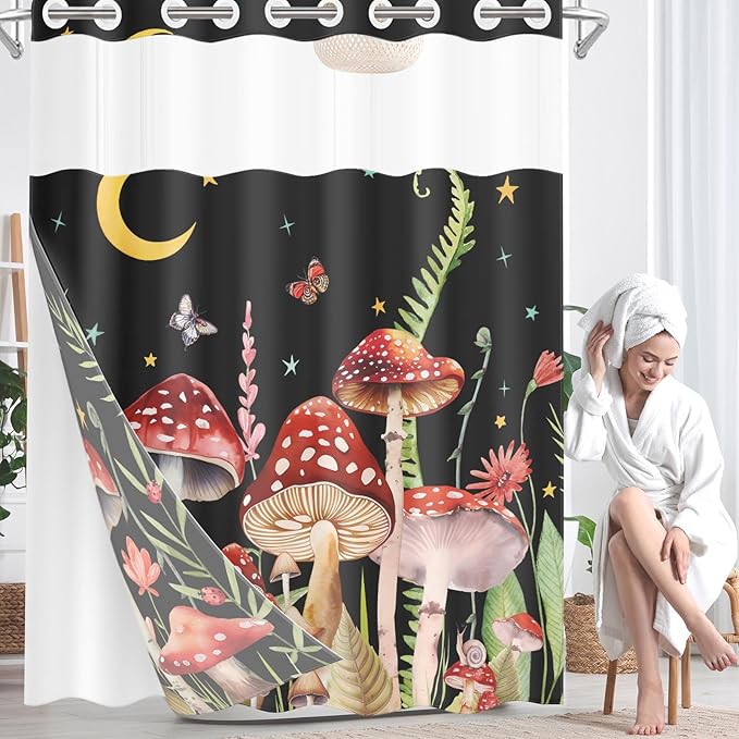 Mushroom Floral Flower No Hook Shower Curtain with Snap in Liner, Red Black Leaf Moon Bath Curtain with Double Layers Waterproof Fabric and Mesh Top Window 71x74 Inch