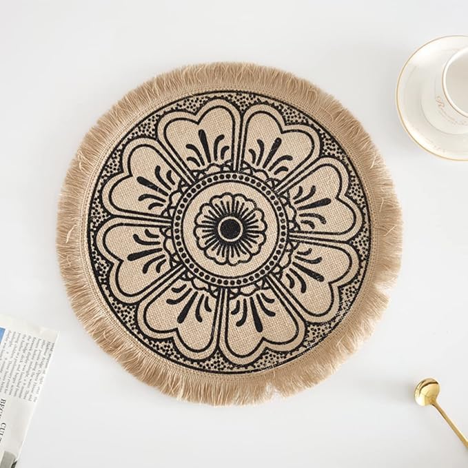 Kitchen Table Placemats Set of 6 with,Round HandmadeWoven Fringe Placemat,for Dining Room, Kitchen, Place Mats for Parties,Use-Size 13×13 Inches