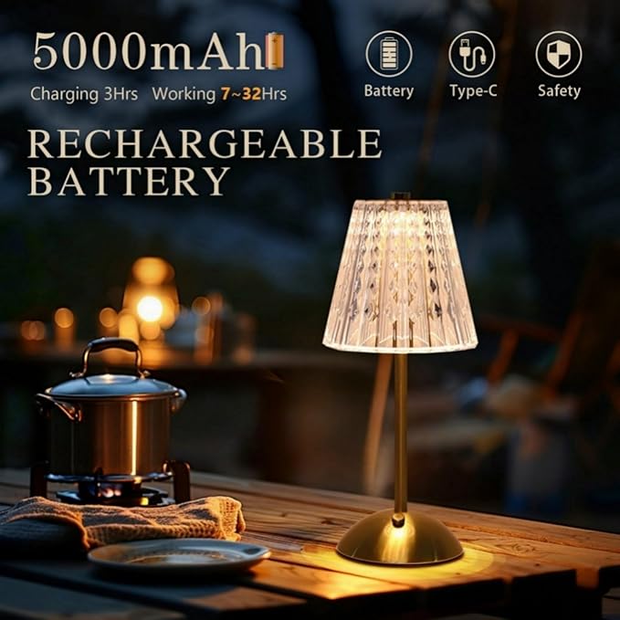 Crystal Table Lamp,5000mAh Rechargeable Cordless Lamp, Battery Operated Touch Light with 3 Color Modes, Dimmable Brightness, Modern Matte Aluminum Body for Bedroom, Bar, Outdoor Decor, Kitchen, Gift