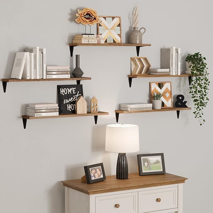 Wallniture Arras Wood Floating Shelves for Wall Storage, 24" Living Room Bookshelves, Kitchen Shelves for Bedroom & Office Burnt Finish Set of 5