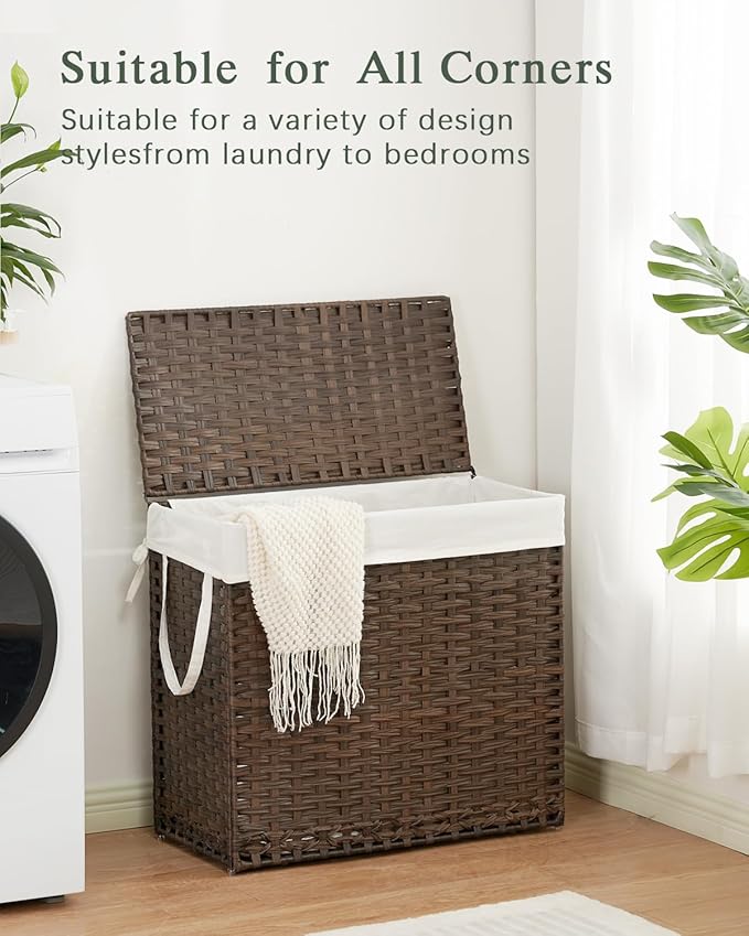 Laundry Hamper with Lid Laundry Basket 132 L (35 Gal) Wicker Clothes Hamper, Handwoven Rattan Hamper with Handles and 4 Removable Liner Bags, 6 Mesh Bags for Laundry Bedroom Brown