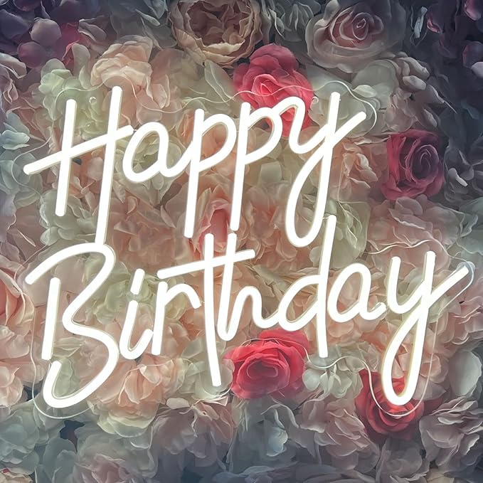 Happy Birthday Neon Sign for Wall Decor, White LED Neon Light Signs, Dimmable Art Decoration Happy Birthday Neon Light Sign for All Birthday Party Decoration 15.7×13 Inch