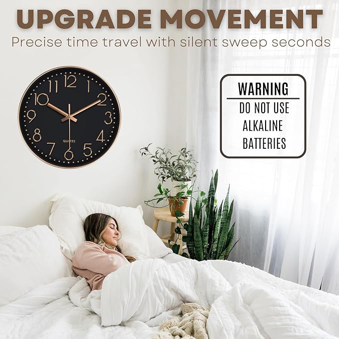 Silent Wall Clock 12 Inch Non-Ticking Wall Clocks Battery Operated for Living Room Decor Modern Wall Clock for Home/Bedroom/Office/Classroom/School/(Rose Gold)